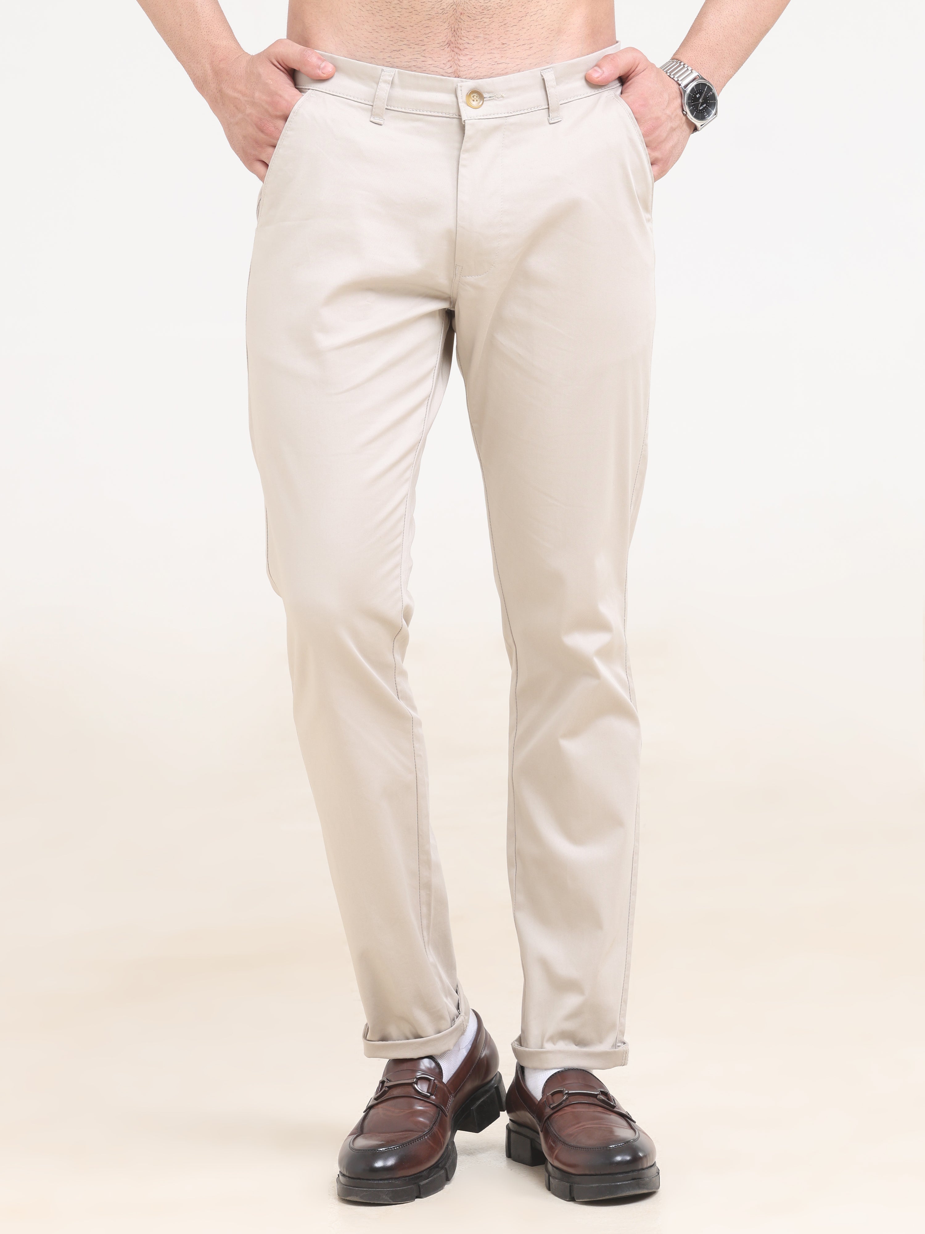 Cream Comfort Fit Cotton Trousers