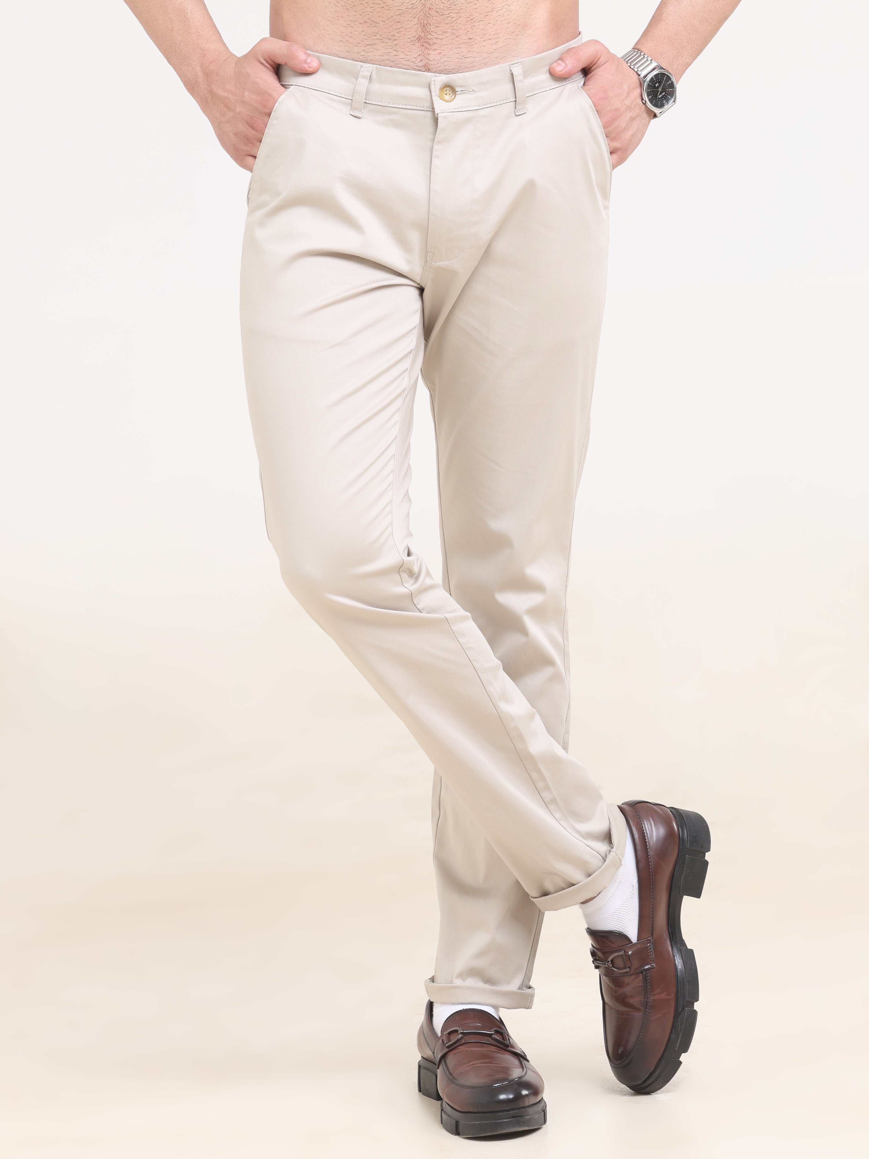 Cream Comfort Fit Cotton Trousers