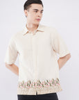 Overhanging Beige Herbs Bottom Embroidery Cotton Linen Half Sleeve Shirt