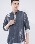 Tapered Fit Bloom Print Gray Full Sleeve Shirt