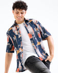 Overhanging Half Sleeve Black Printed Shirt