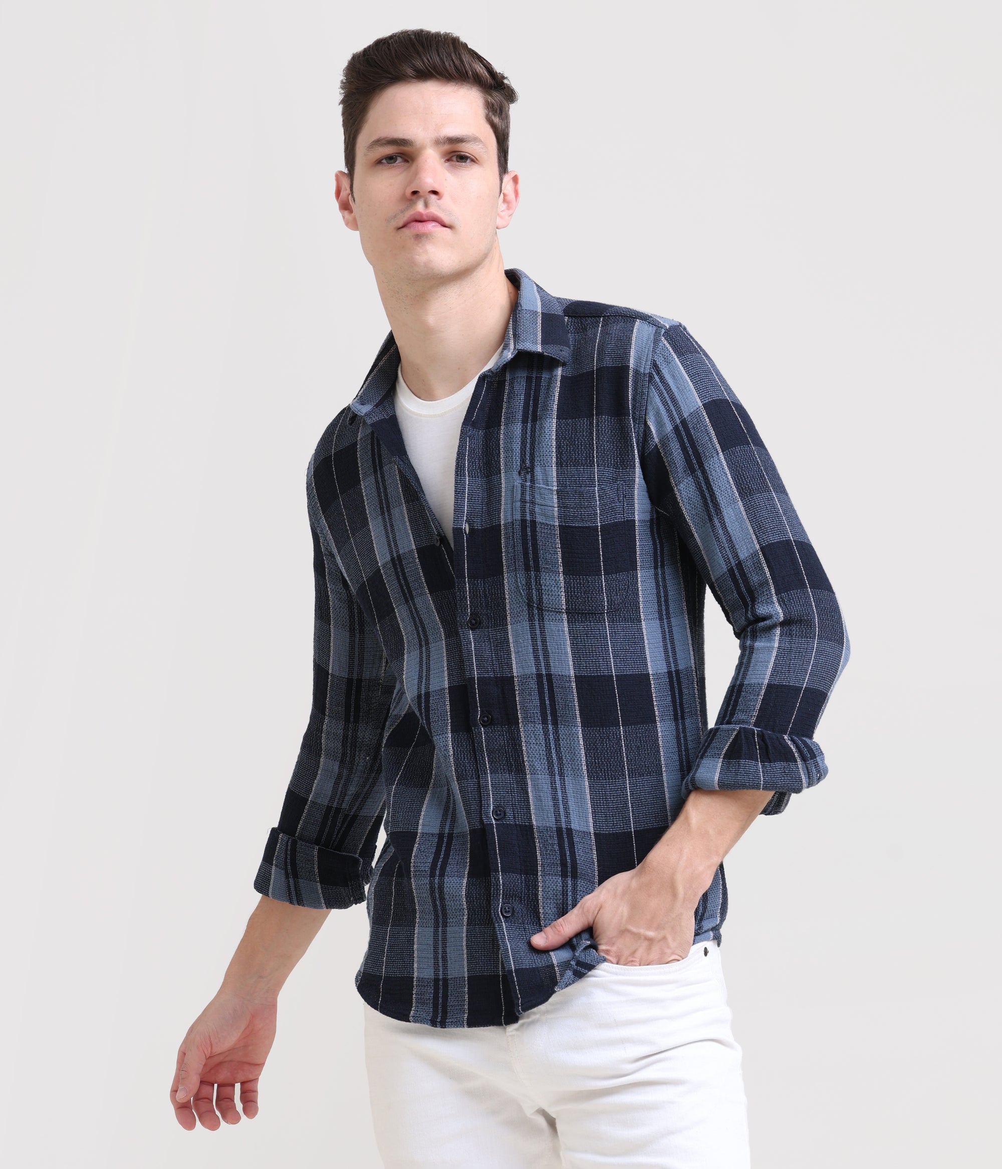 Midnight Gridlock: Checkered Navy Blue Slim Fit Shirt