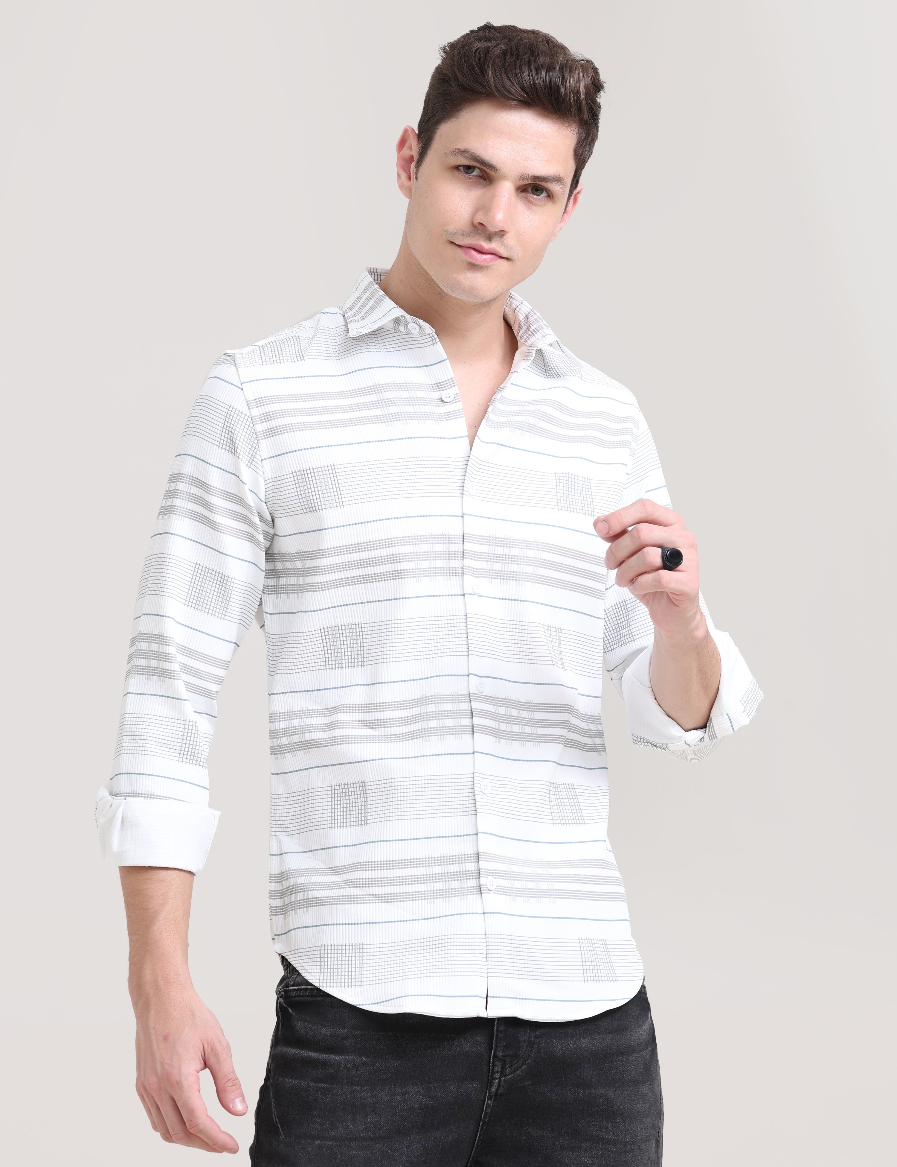 Sandstorm Style: Printed Beige Tapered Fit Shirt