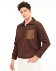 Zipper High Neck Coffee Brown Full Sleeve Sweatshirt