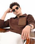 Zipper High Neck Coffee Brown Full Sleeve Sweatshirt