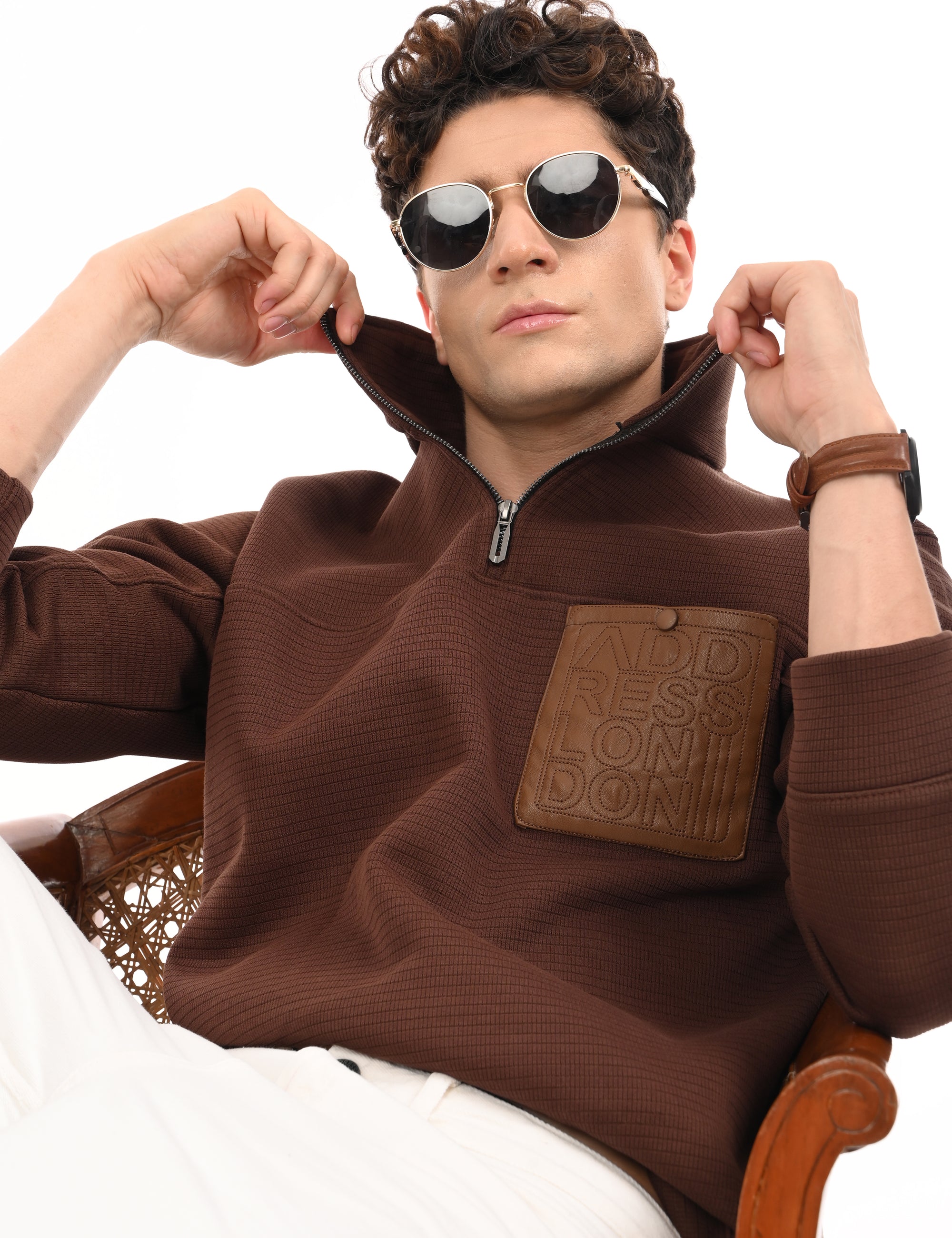 Zipper High Neck Coffee Brown Full Sleeve Sweatshirt