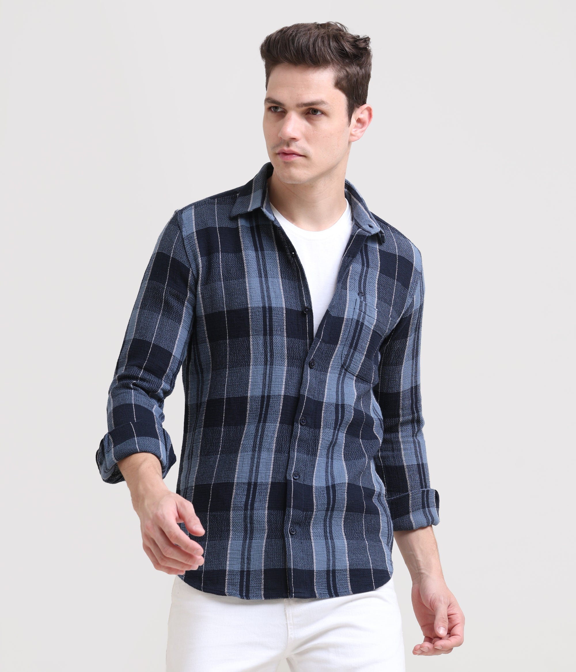 Midnight Gridlock: Checkered Navy Blue Slim Fit Shirt