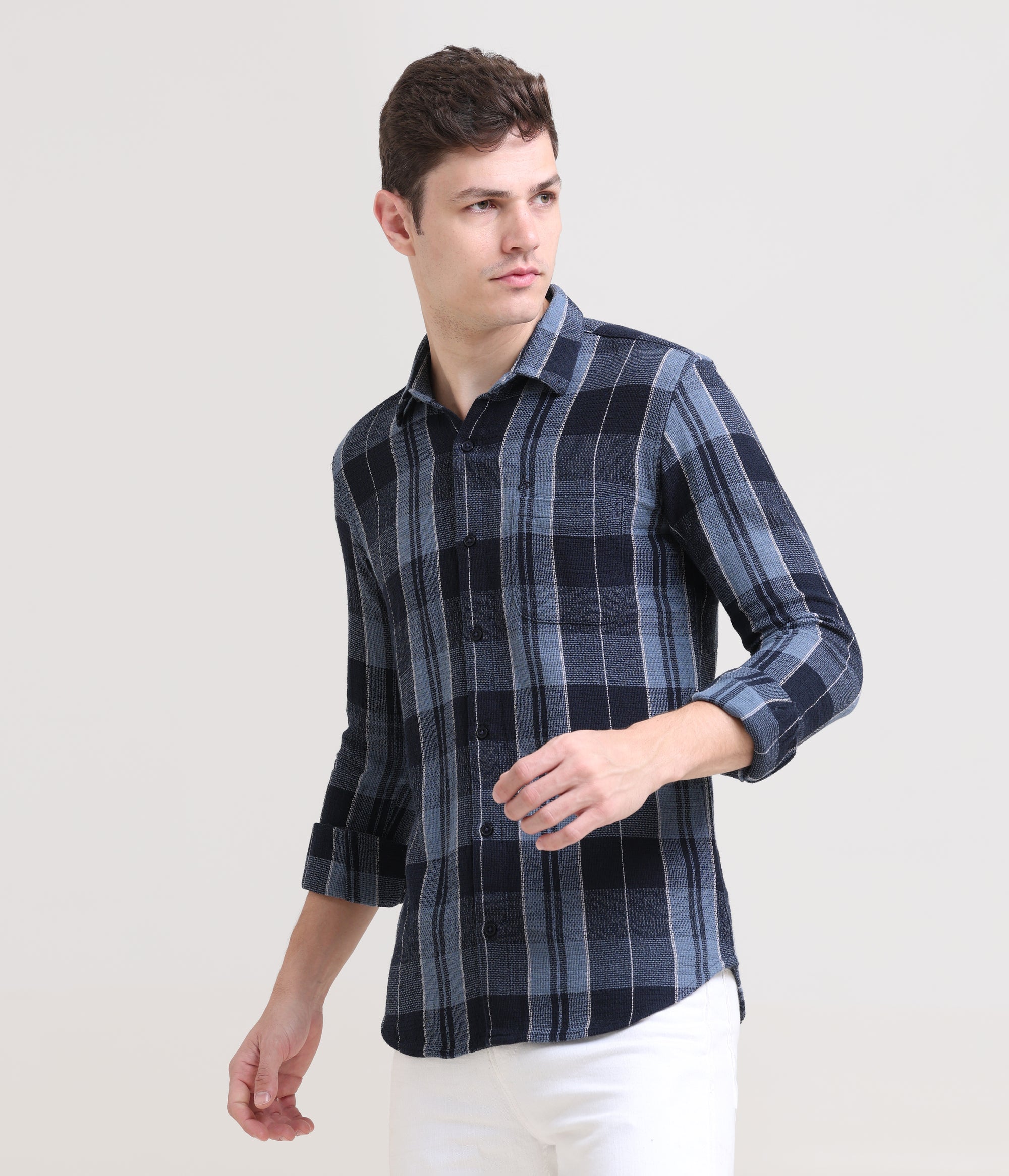 Midnight Gridlock: Checkered Navy Blue Slim Fit Shirt