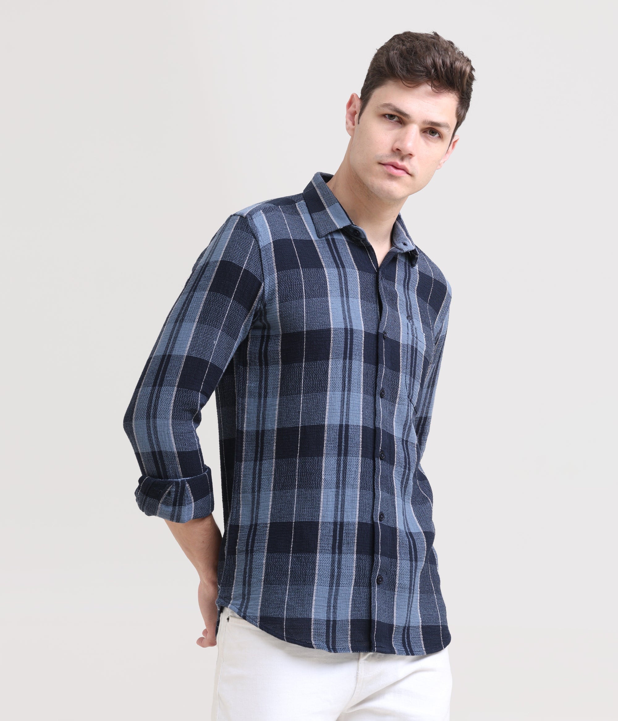Midnight Gridlock: Checkered Navy Blue Slim Fit Shirt