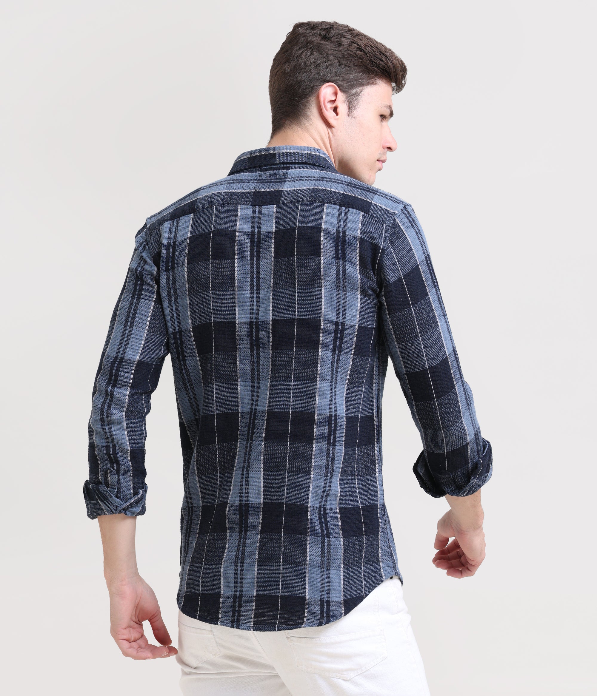 Midnight Gridlock: Checkered Navy Blue Slim Fit Shirt