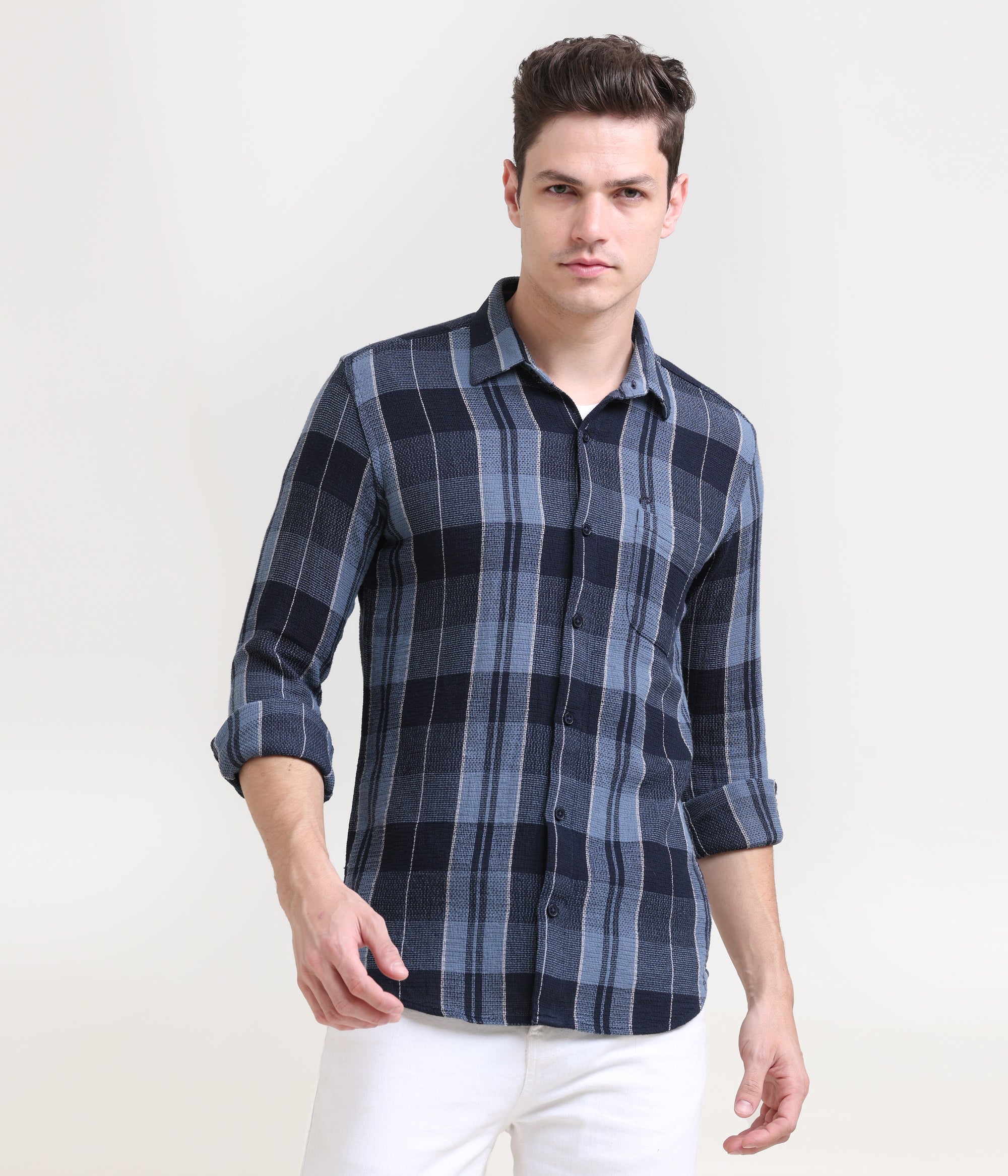 Midnight Gridlock: Checkered Navy Blue Slim Fit Shirt