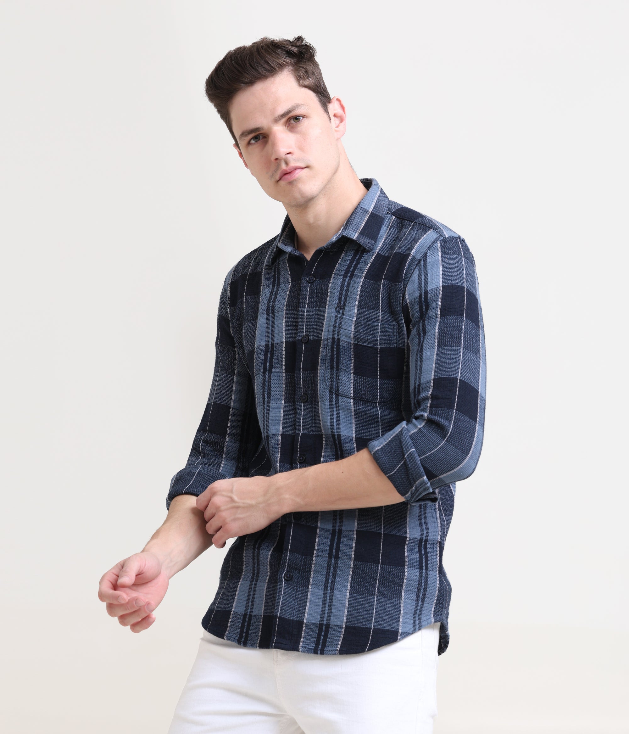 Midnight Gridlock: Checkered Navy Blue Slim Fit Shirt