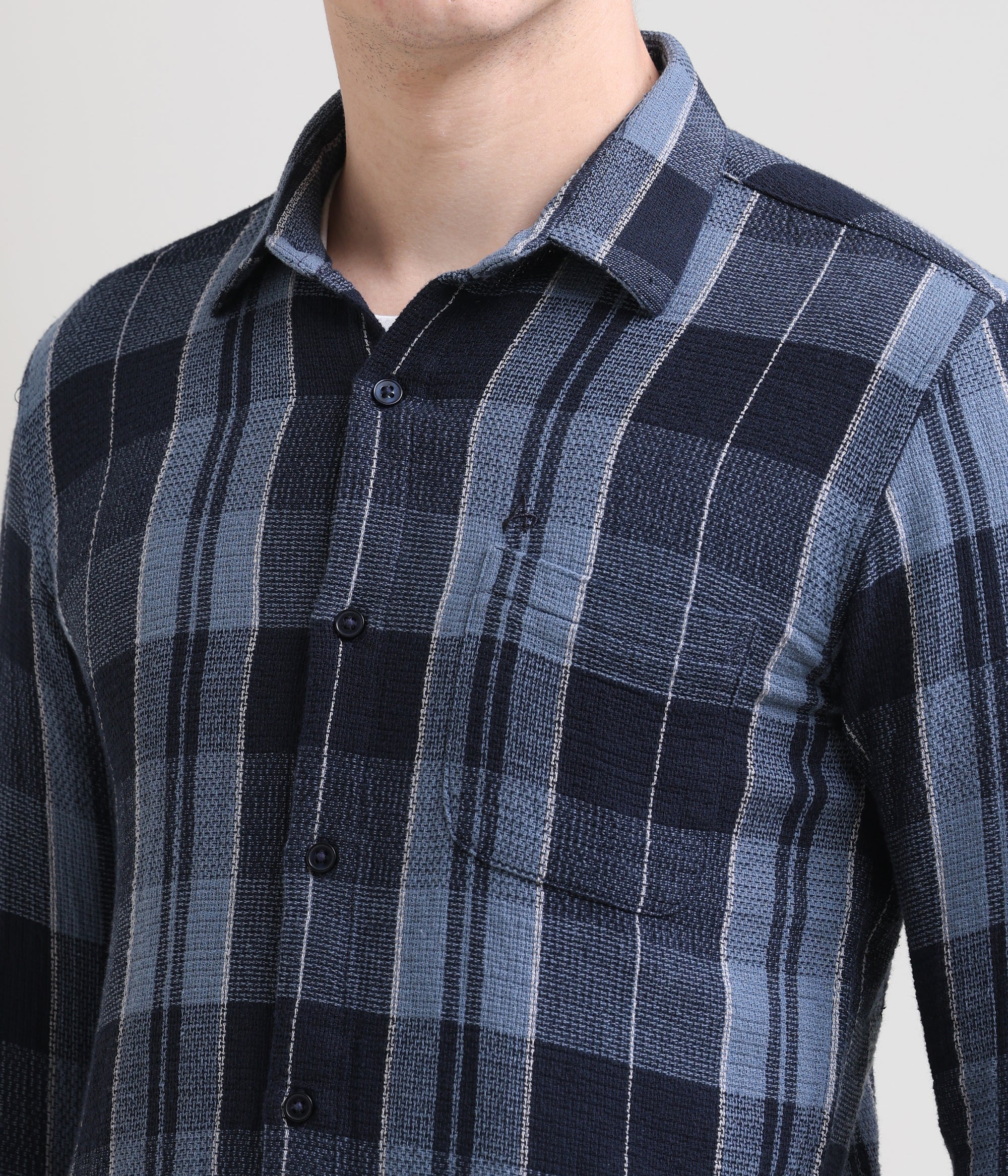 Midnight Gridlock: Checkered Navy Blue Slim Fit Shirt