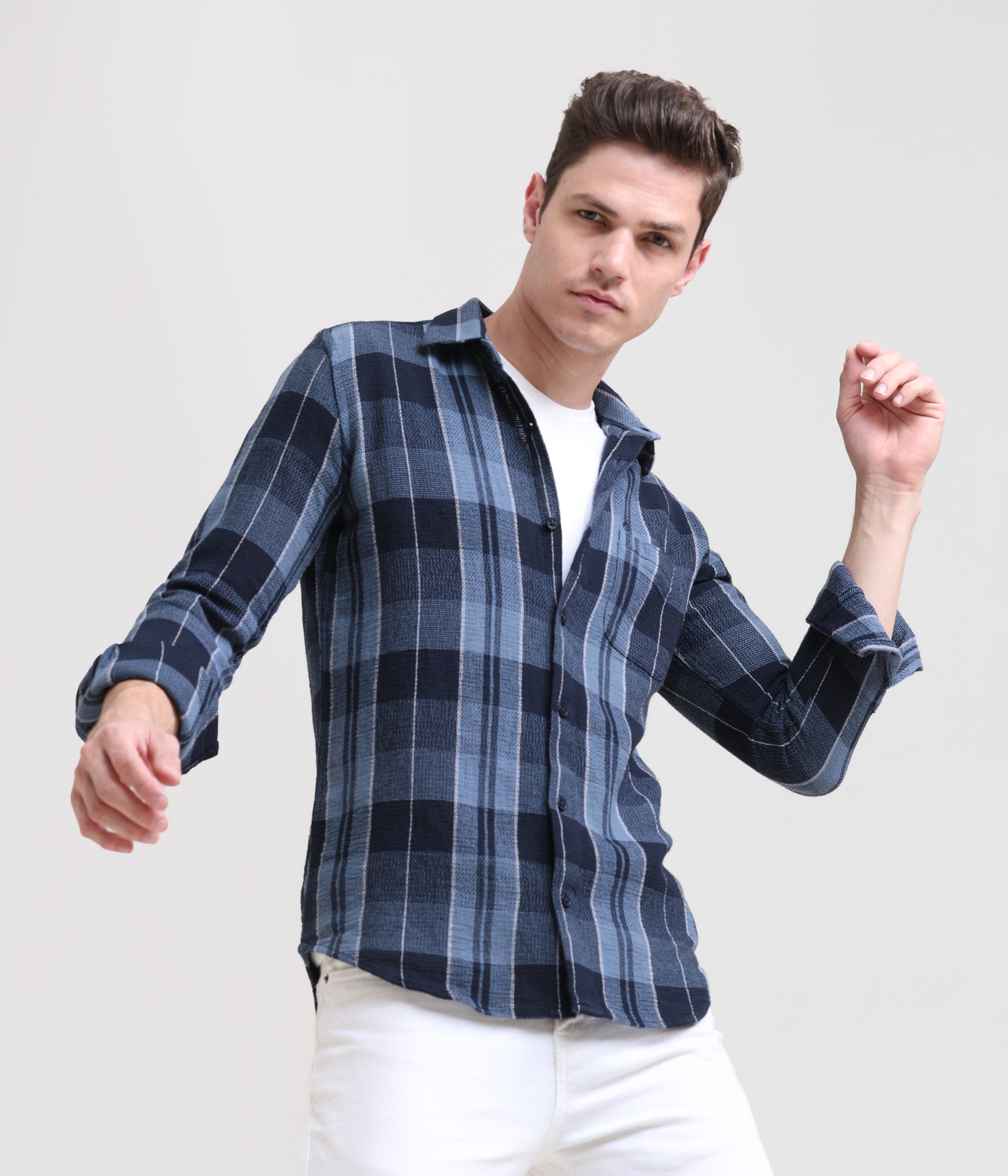 Midnight Gridlock: Checkered Navy Blue Slim Fit Shirt