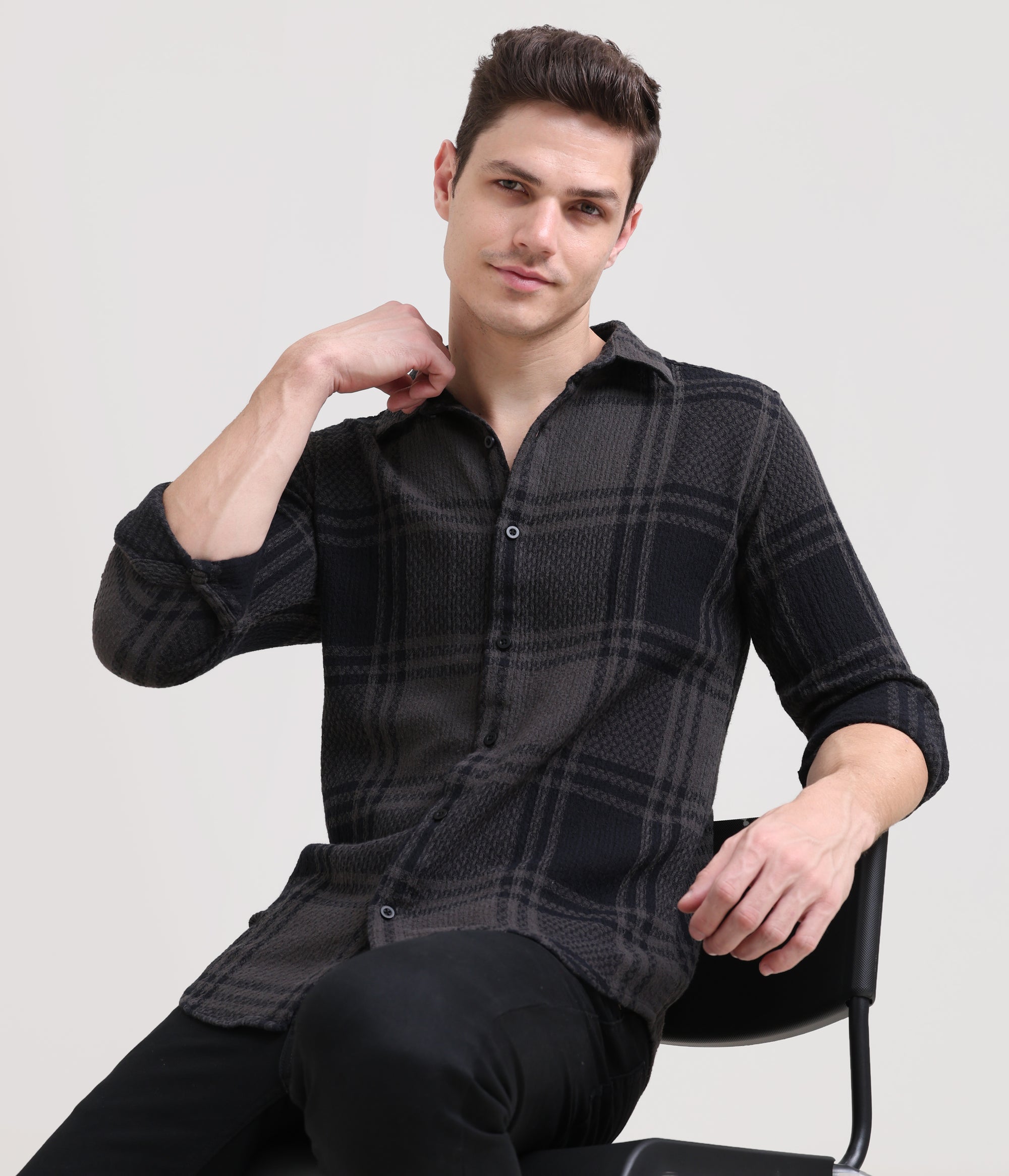 Charcoal Crossroads: Checkered Dark Grey Slim Fit Shirt