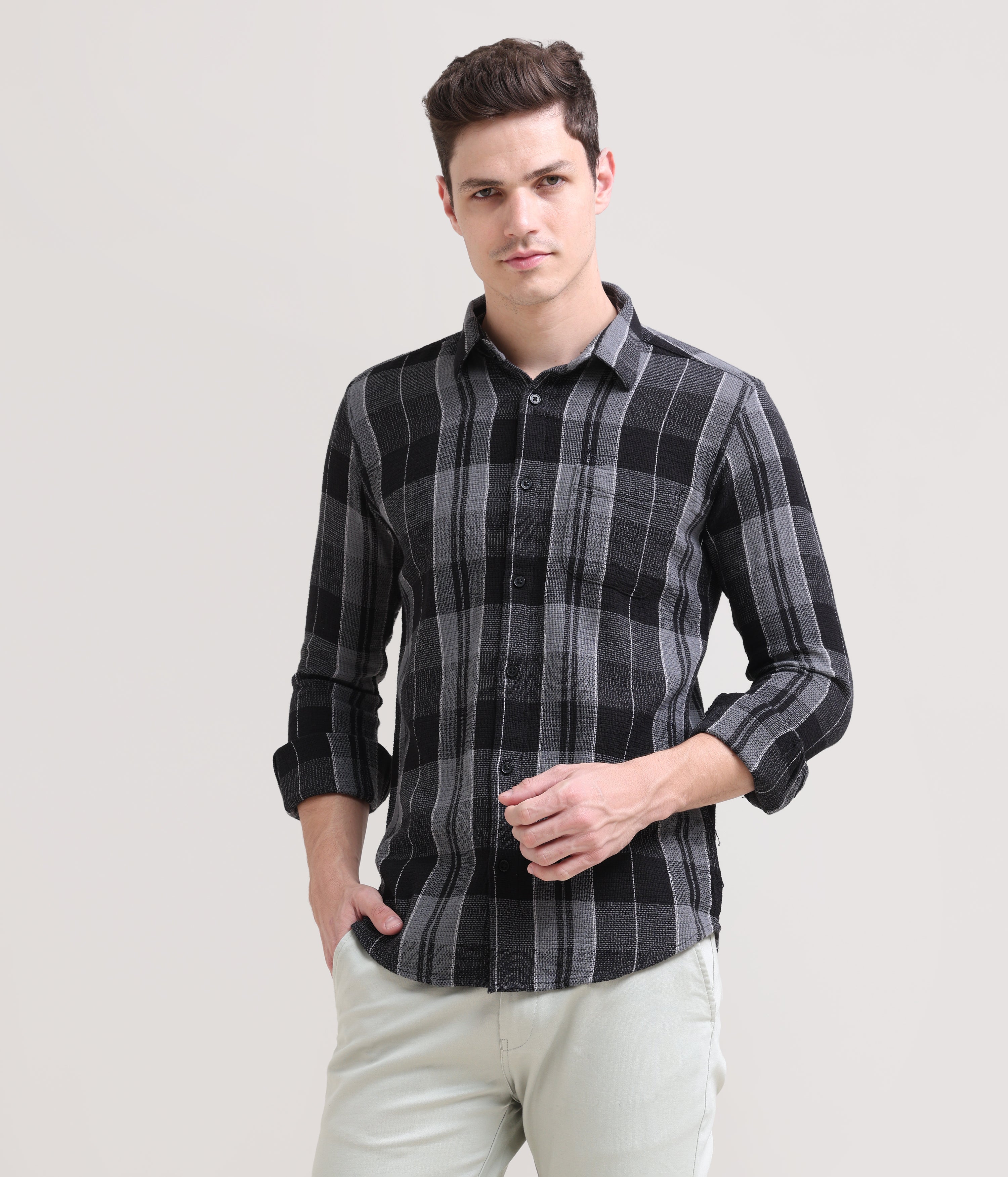 Midnight Checkmate: Checkered Black Full Sleeve Slim Fit Shirt