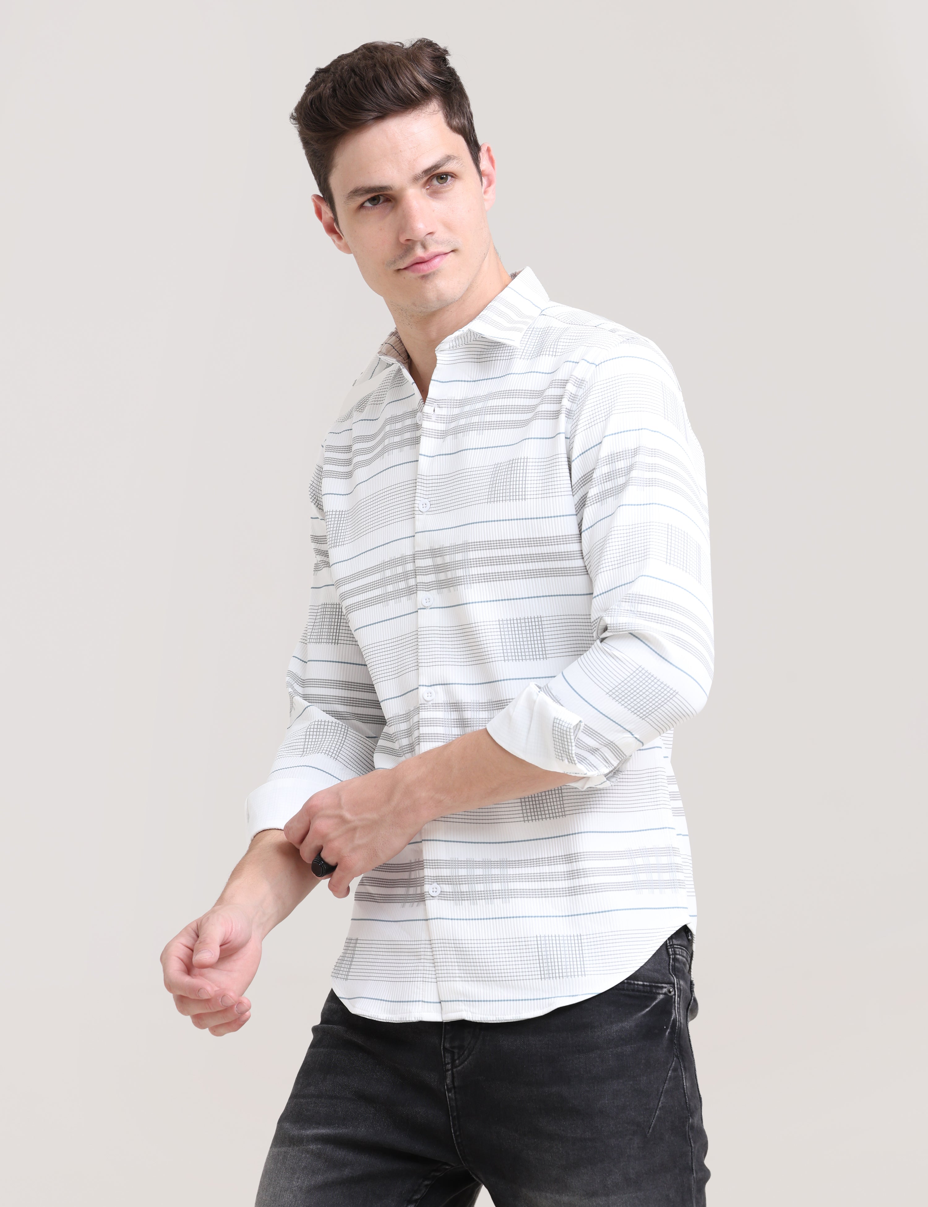 Sandstorm Style: Printed Beige Tapered Fit Shirt