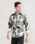 Olive Oasis: Printed Tapered Fit Full Sleeve Shirt