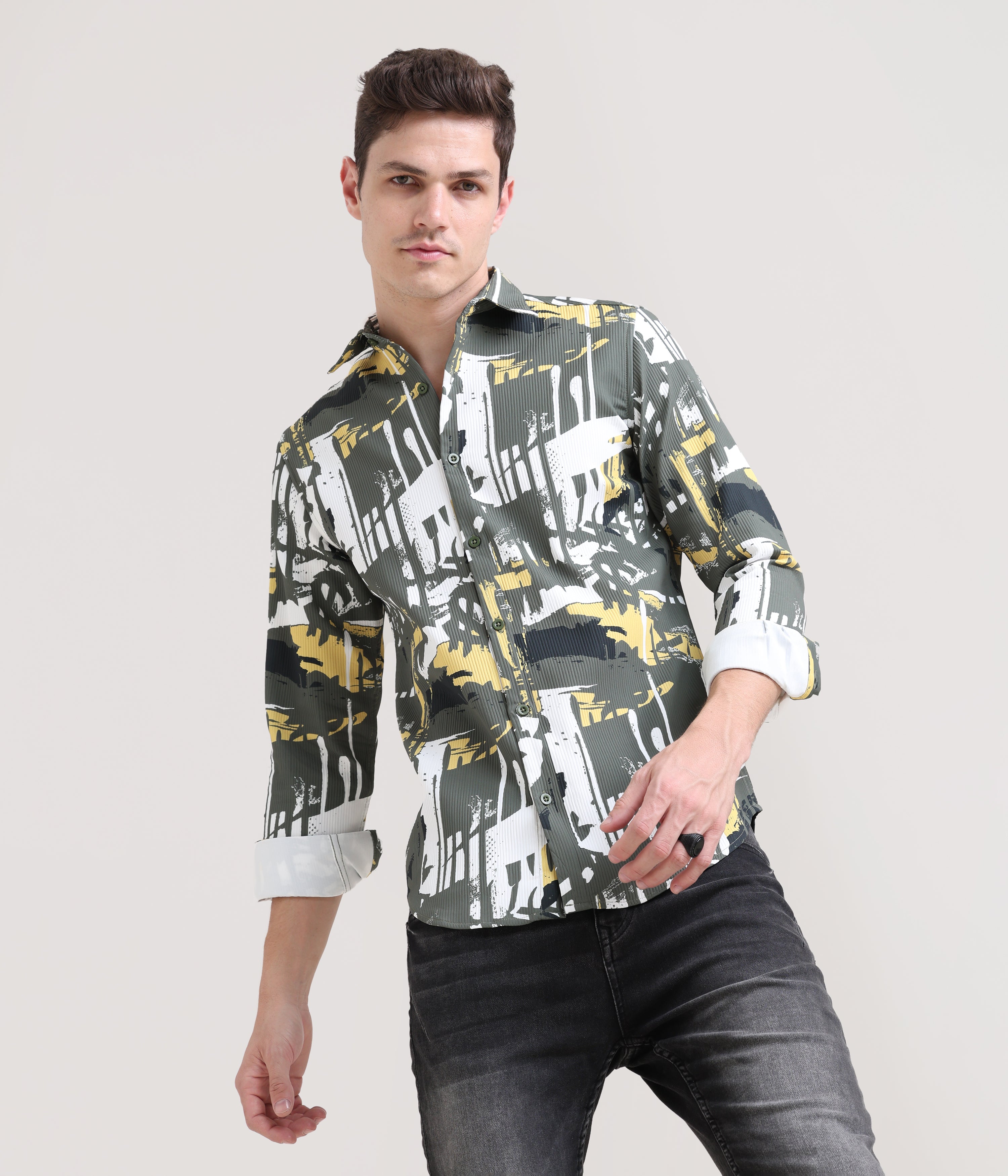 Olive Oasis: Printed Tapered Fit Full Sleeve Shirt
