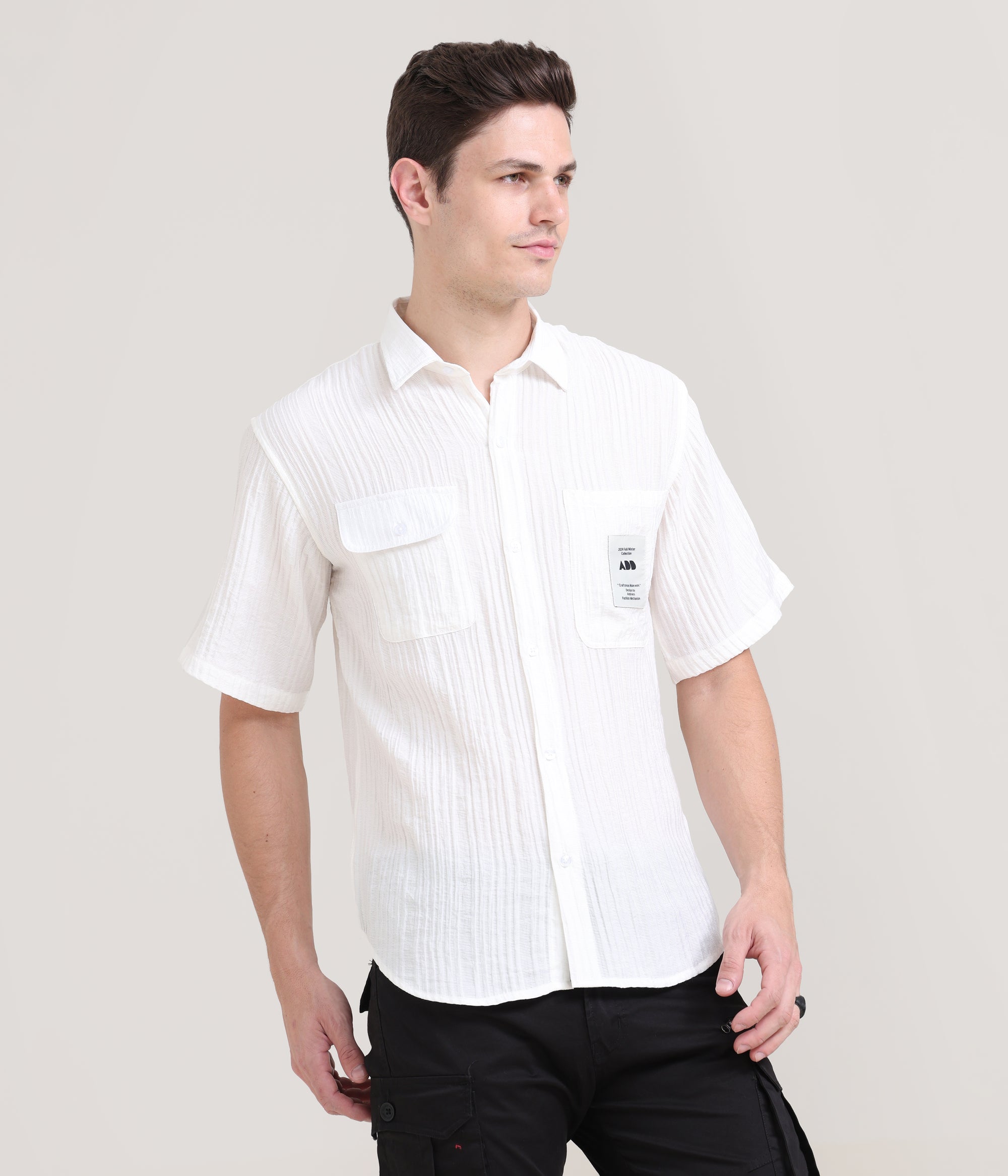 Snowy Comfort: Solid White Oversized Half Sleeve Double Pocket Shirt