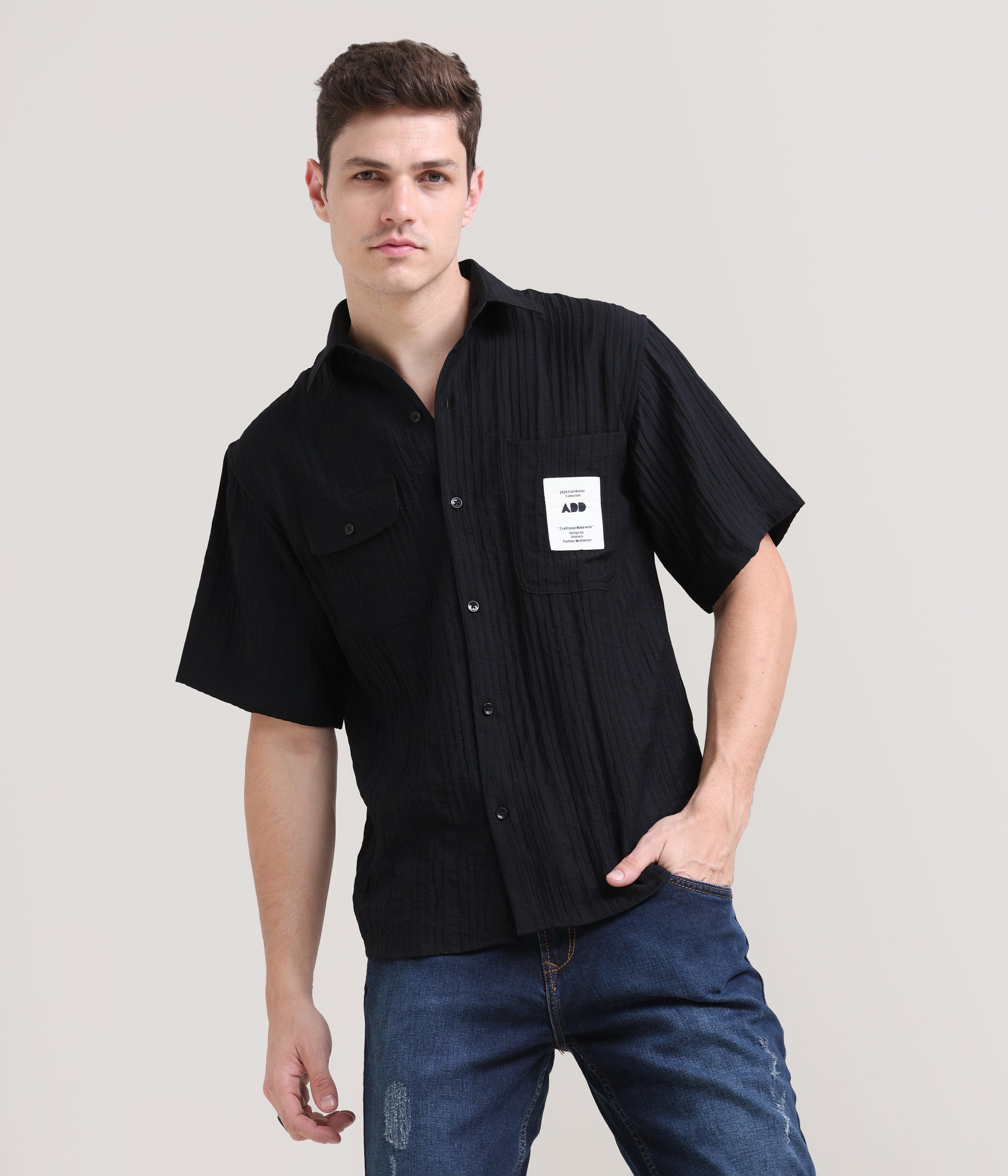 Night Shadow: Solid Black Oversized Half Sleeve Double Pocket Shirt