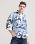 Slate Symphony: Printed Grey Tapered Fit Full Sleeve Shirt