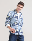 Slate Symphony: Printed Grey Tapered Fit Full Sleeve Shirt
