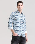 Pastel Breeze: Printed Mint Blue Tapered Fit Shirt