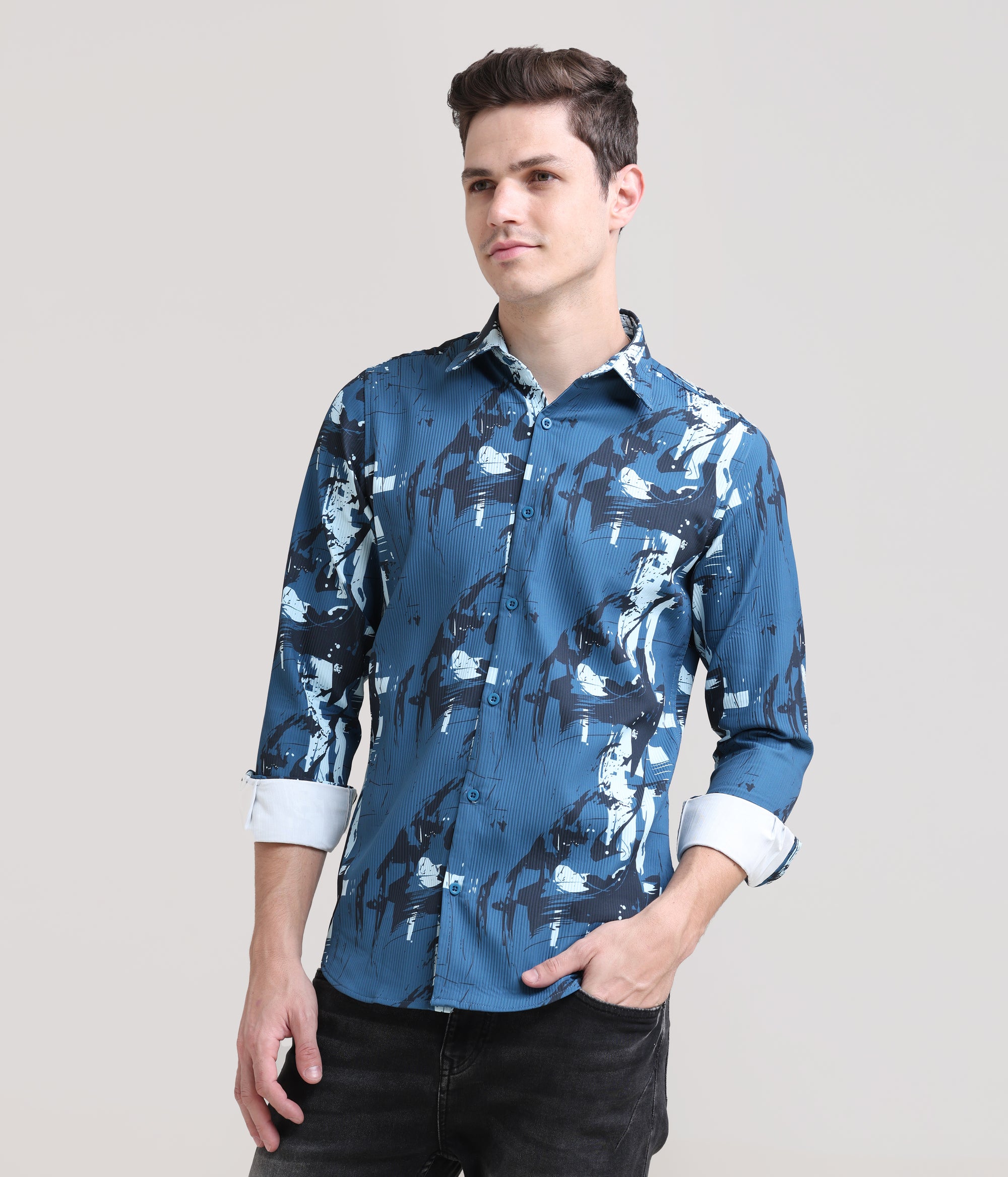 Royal Regalia: Printed Prussian Blue Tapered Fit Shirt