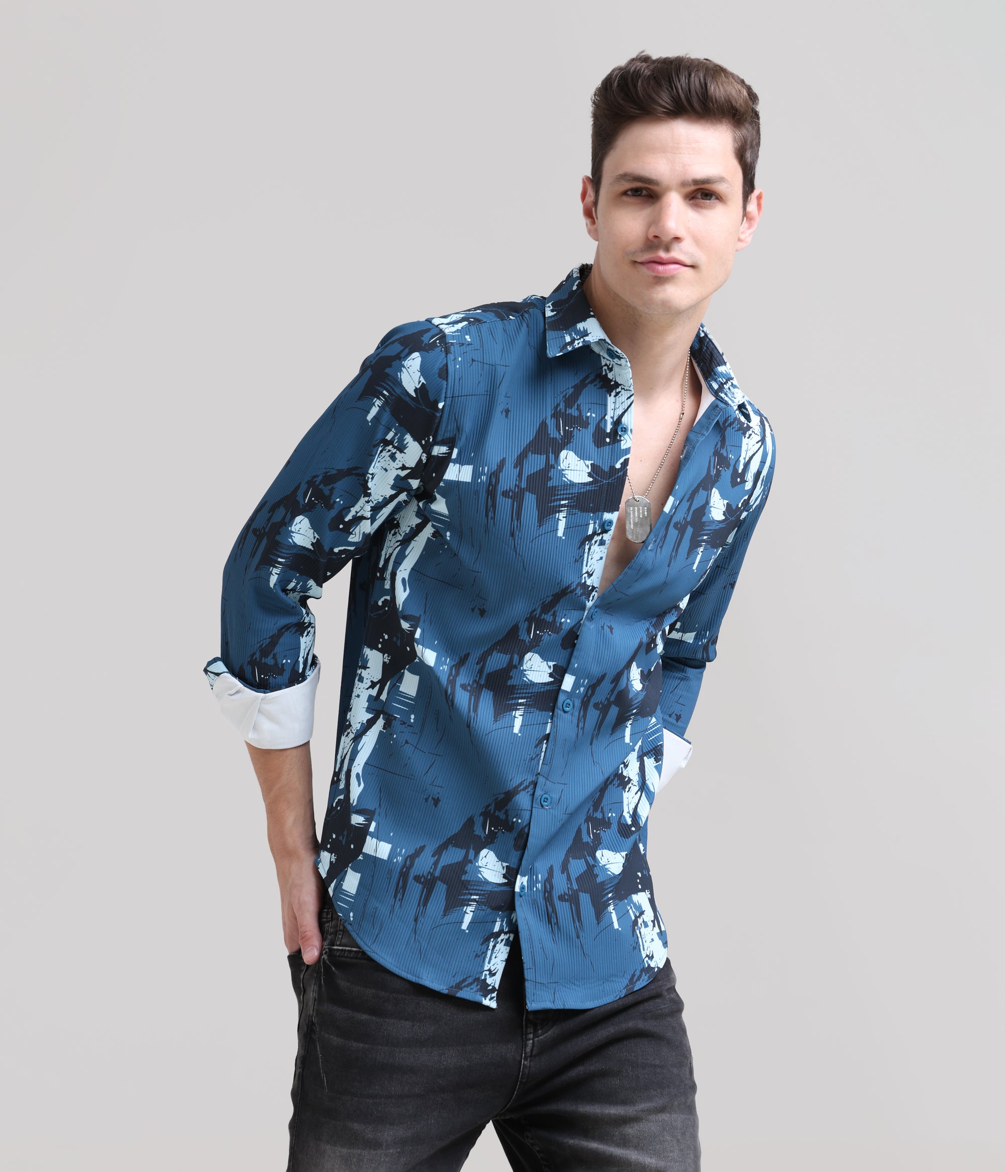 Royal Regalia: Printed Prussian Blue Tapered Fit Shirt
