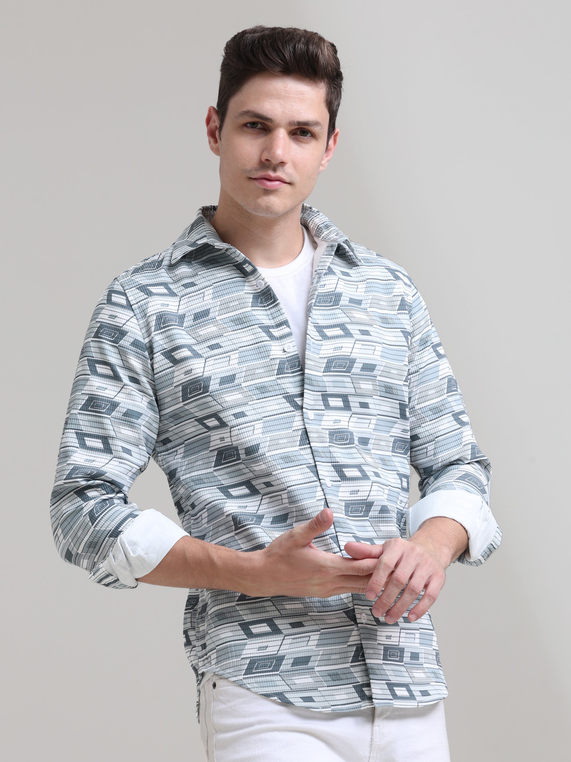 Spring Breeze: Printed Mint Green Tapered Fit Shirt