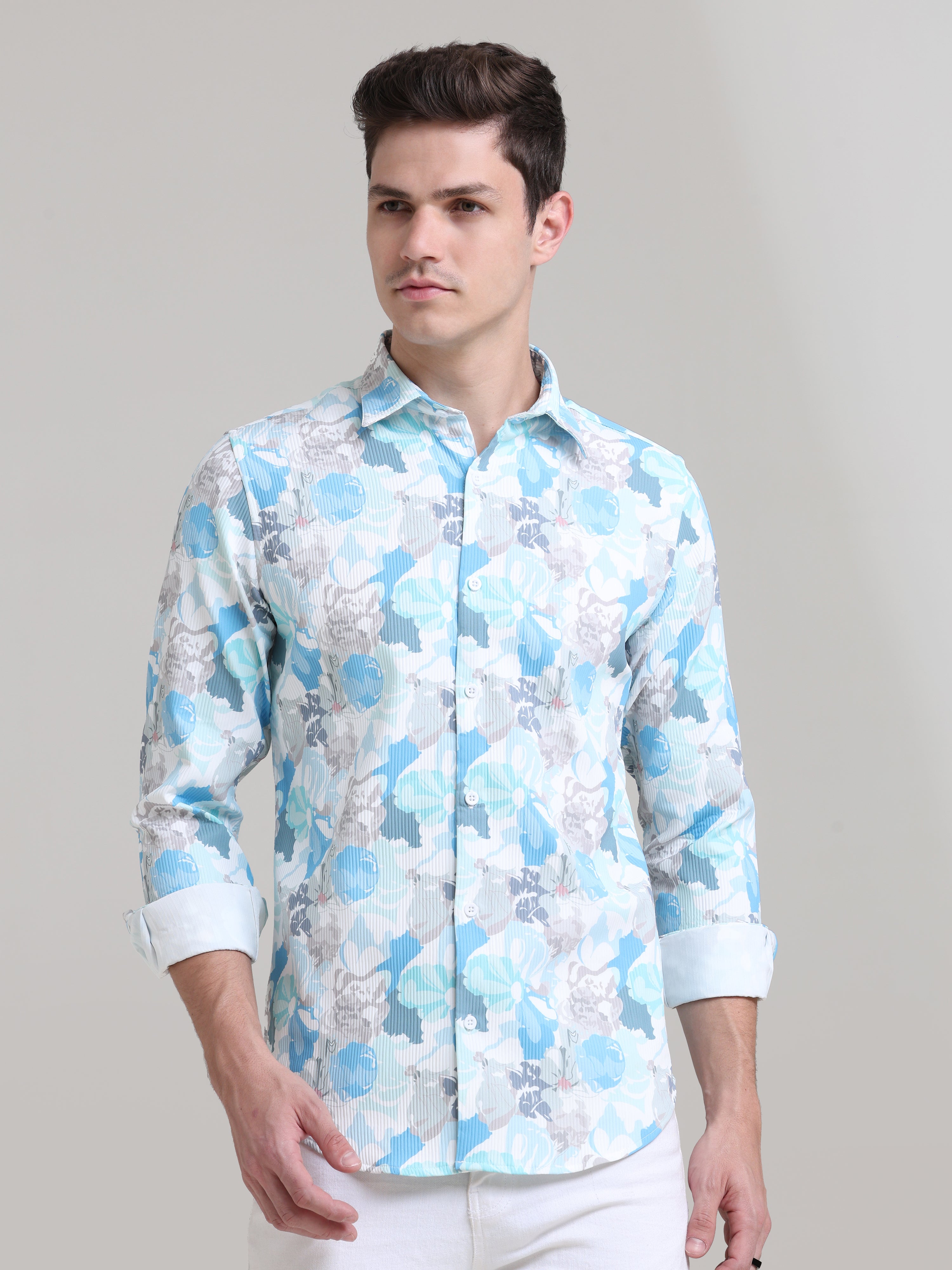 Azure Artistry: Printed Teal Blue Tapered Fit Shirt