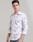 Blush Blossom: Printed Baby Pink Tapered Fit Full Sleeve Shirt