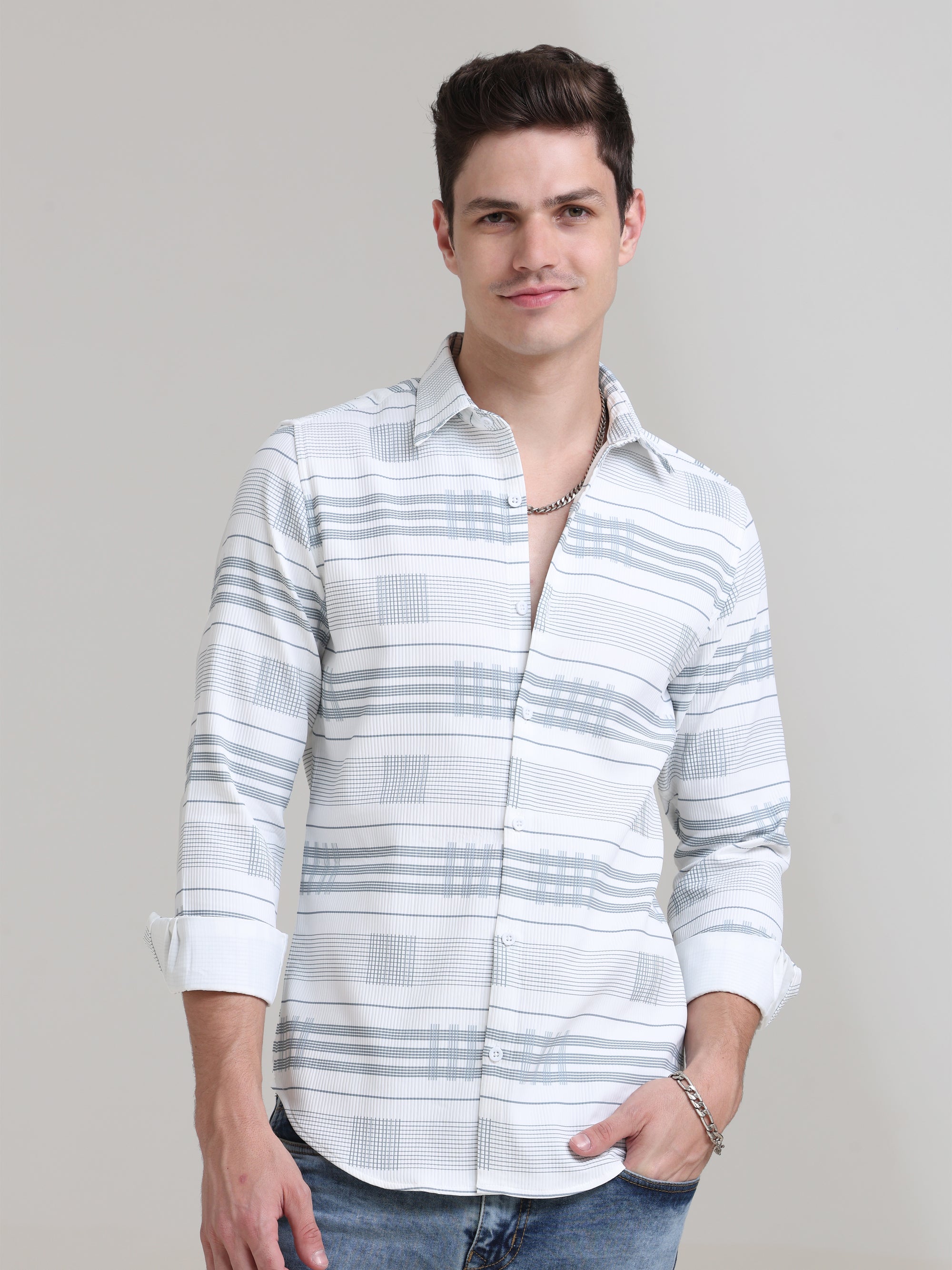 Slate Serenade: Printed Stone Blue Tapered Fit Shirt