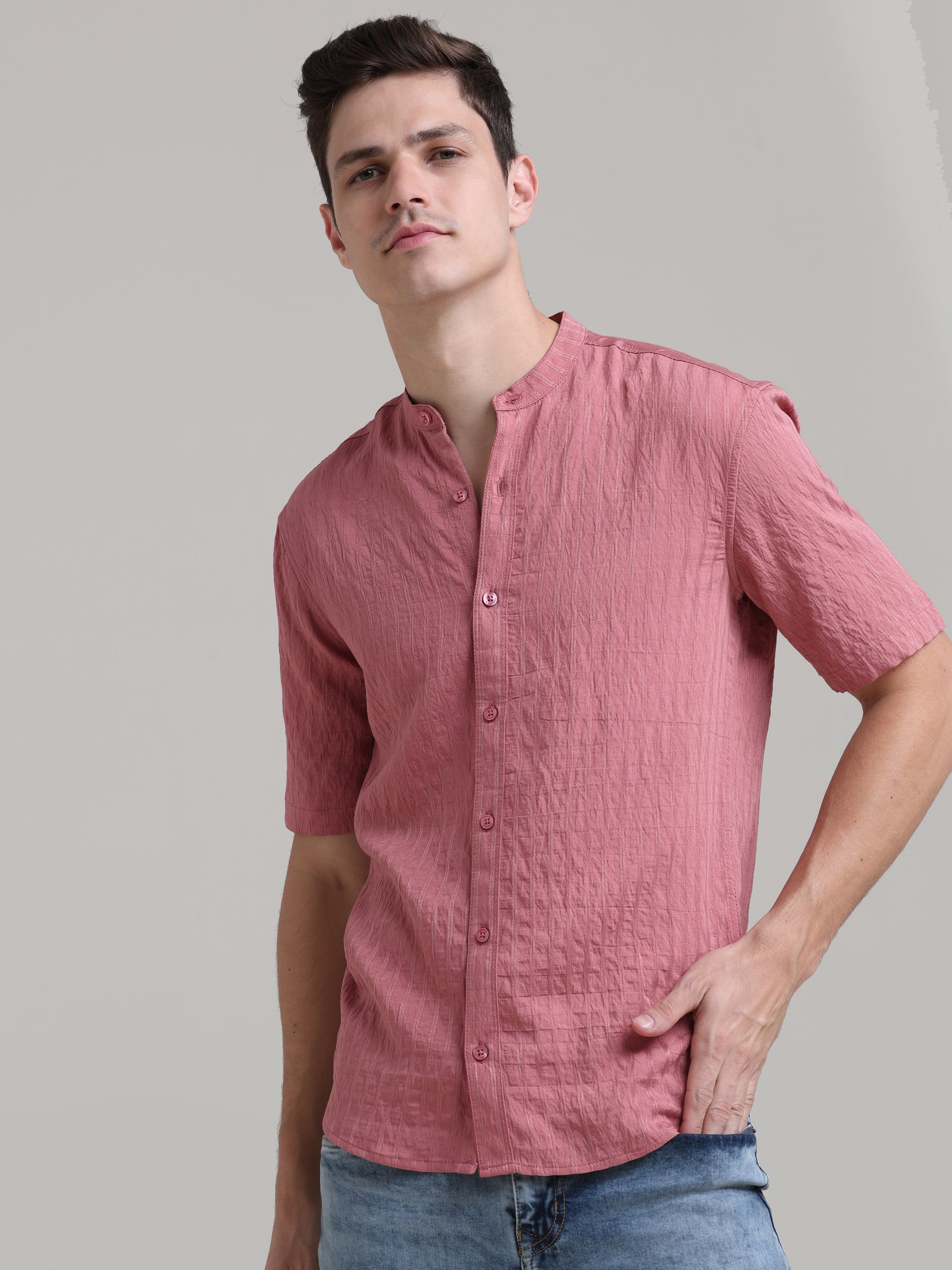 Rose Blush: Solid Pink Regular Fit Half Sleeve Shirt