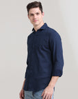 Midnight Elegance: Solid Navy Blue Tapered Fit Full Sleeve Shirt