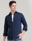 Midnight Elegance: Solid Navy Blue Tapered Fit Full Sleeve Shirt