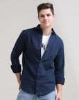 Midnight Elegance: Solid Navy Blue Tapered Fit Full Sleeve Shirt
