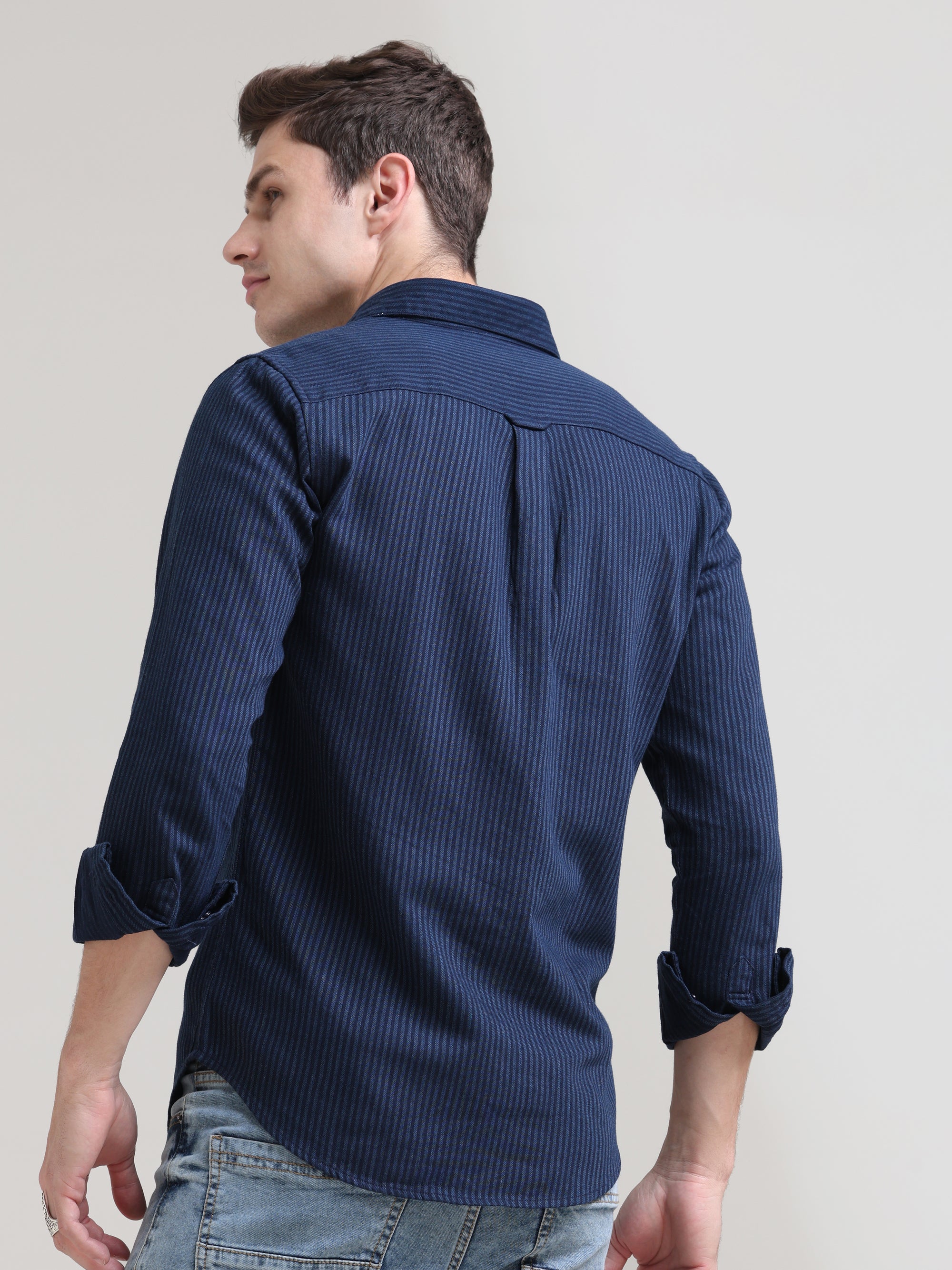 Midnight Elegance: Solid Navy Blue Tapered Fit Full Sleeve Shirt