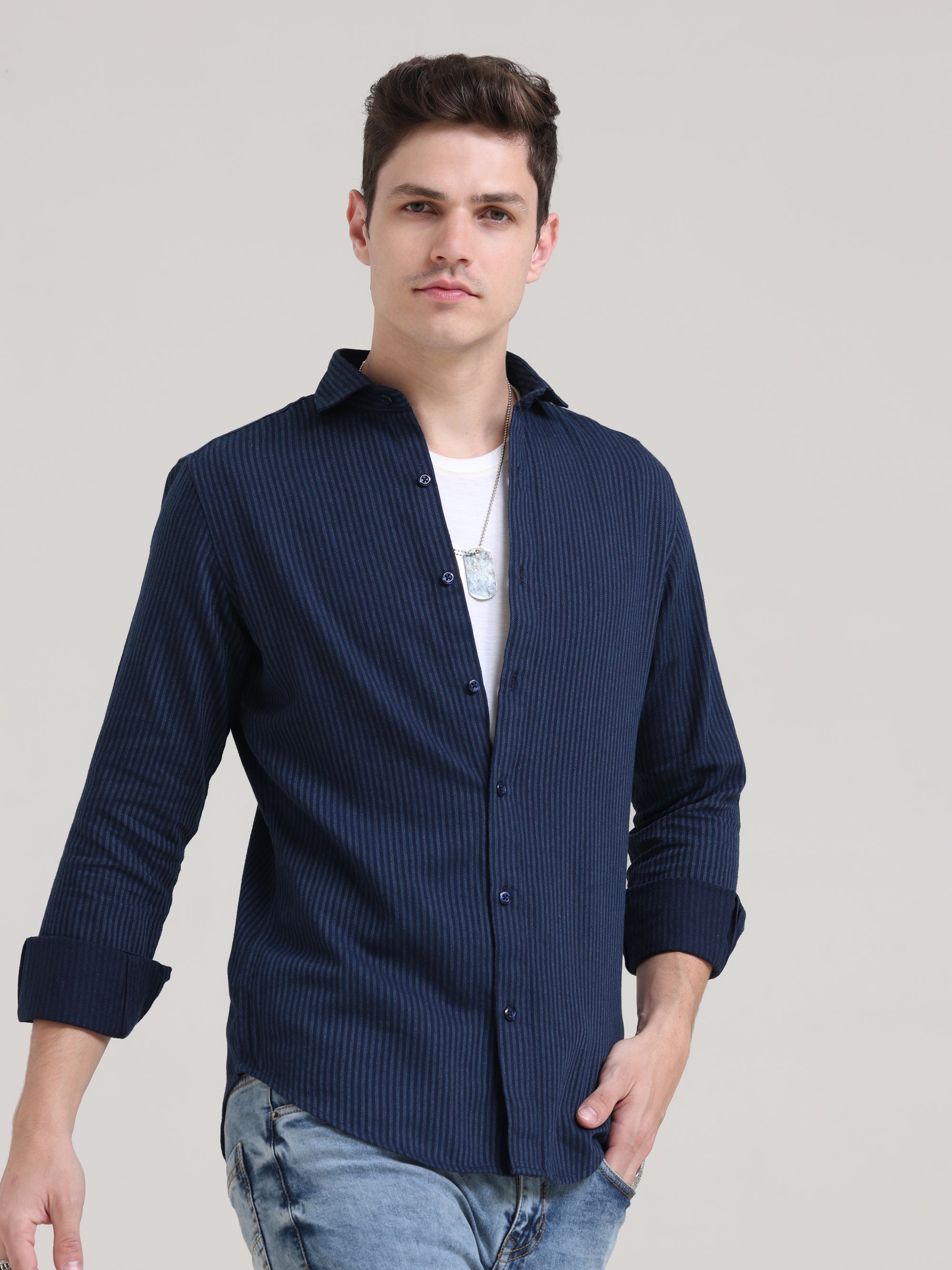Midnight Elegance: Solid Navy Blue Tapered Fit Full Sleeve Shirt