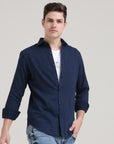 Midnight Elegance: Solid Navy Blue Tapered Fit Full Sleeve Shirt