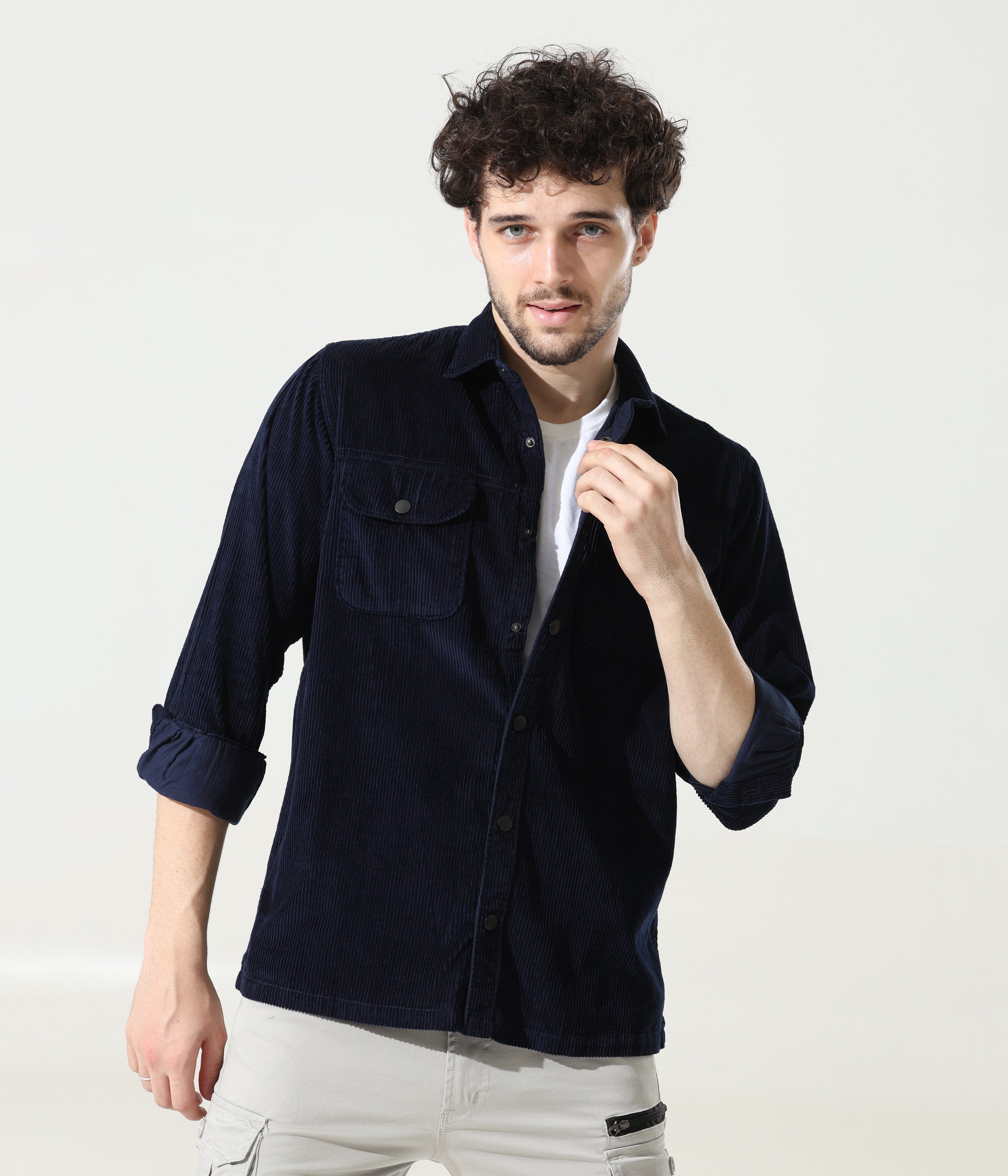 Navy Blue Versatile Dual-Pocket Shirt