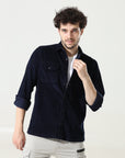Corduroy Navy Blue Versatile Dual-Pocket Shirt
