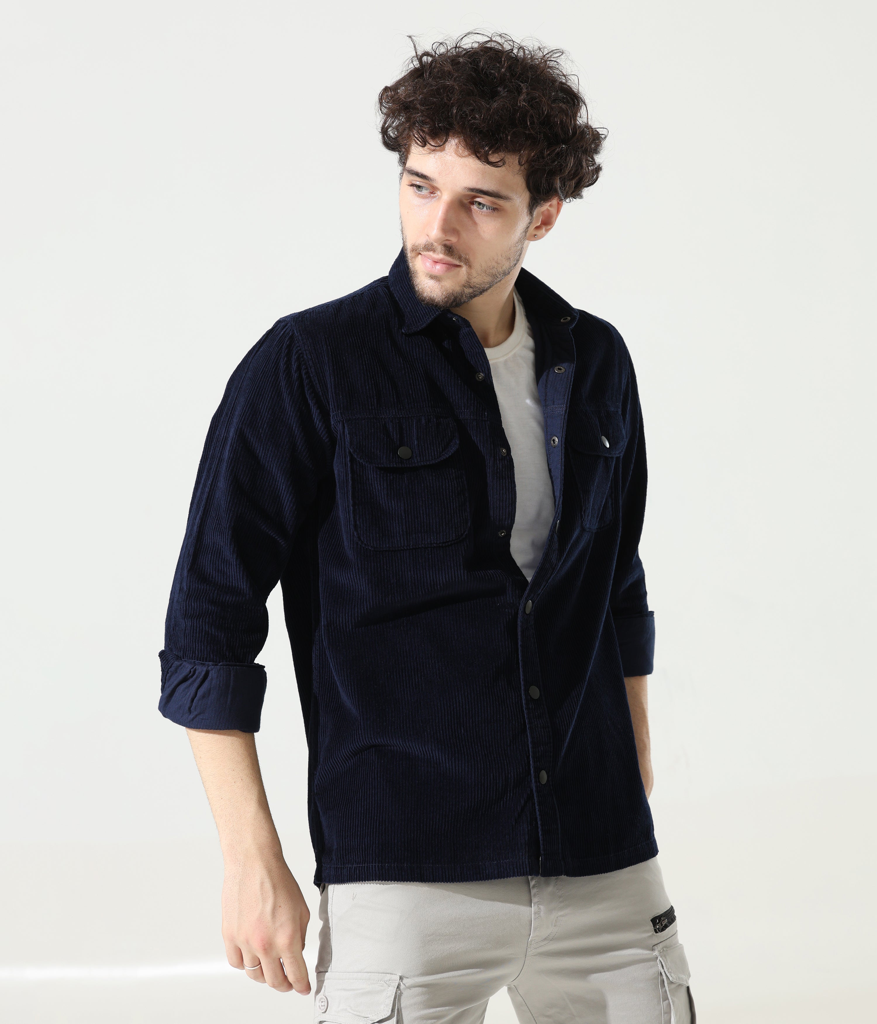 Navy Blue Versatile Dual-Pocket Shirt