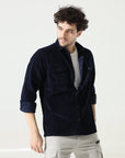 Corduroy Navy Blue Versatile Dual-Pocket Shirt