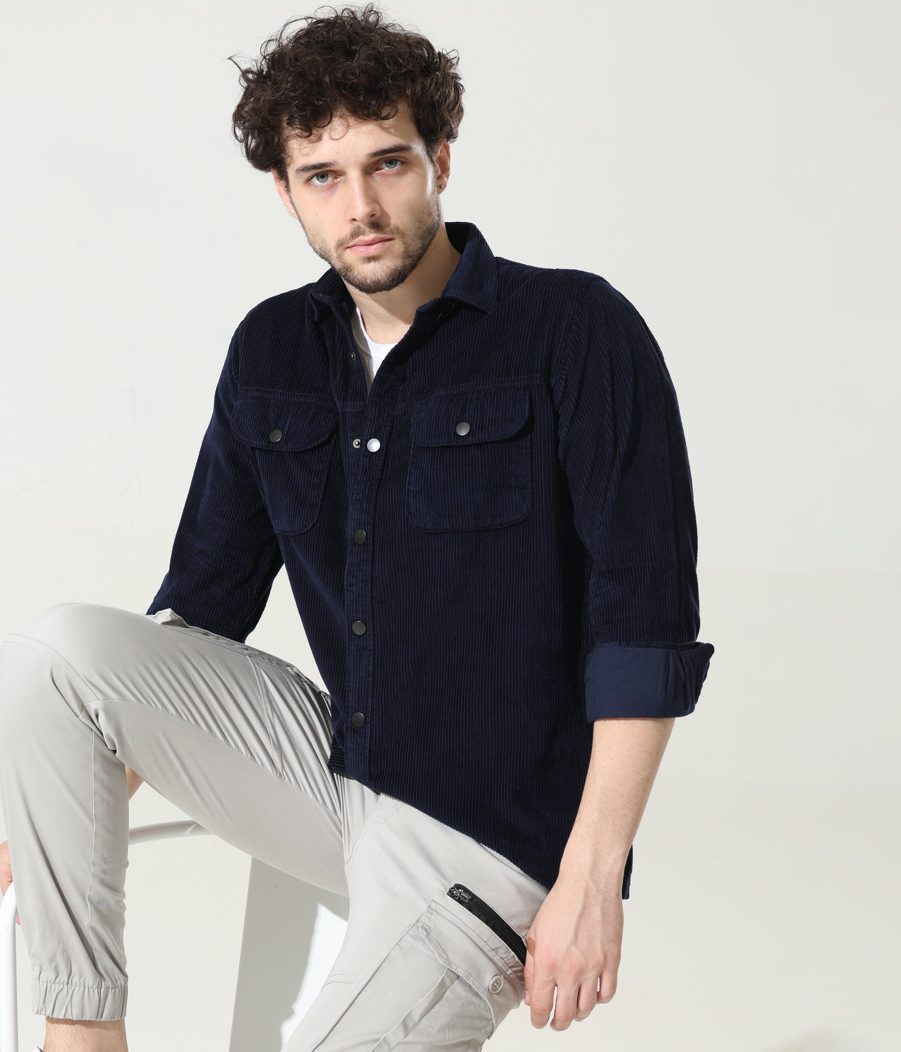 Navy Blue Versatile Dual-Pocket Shirt
