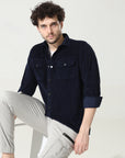 Corduroy Navy Blue Versatile Dual-Pocket Shirt