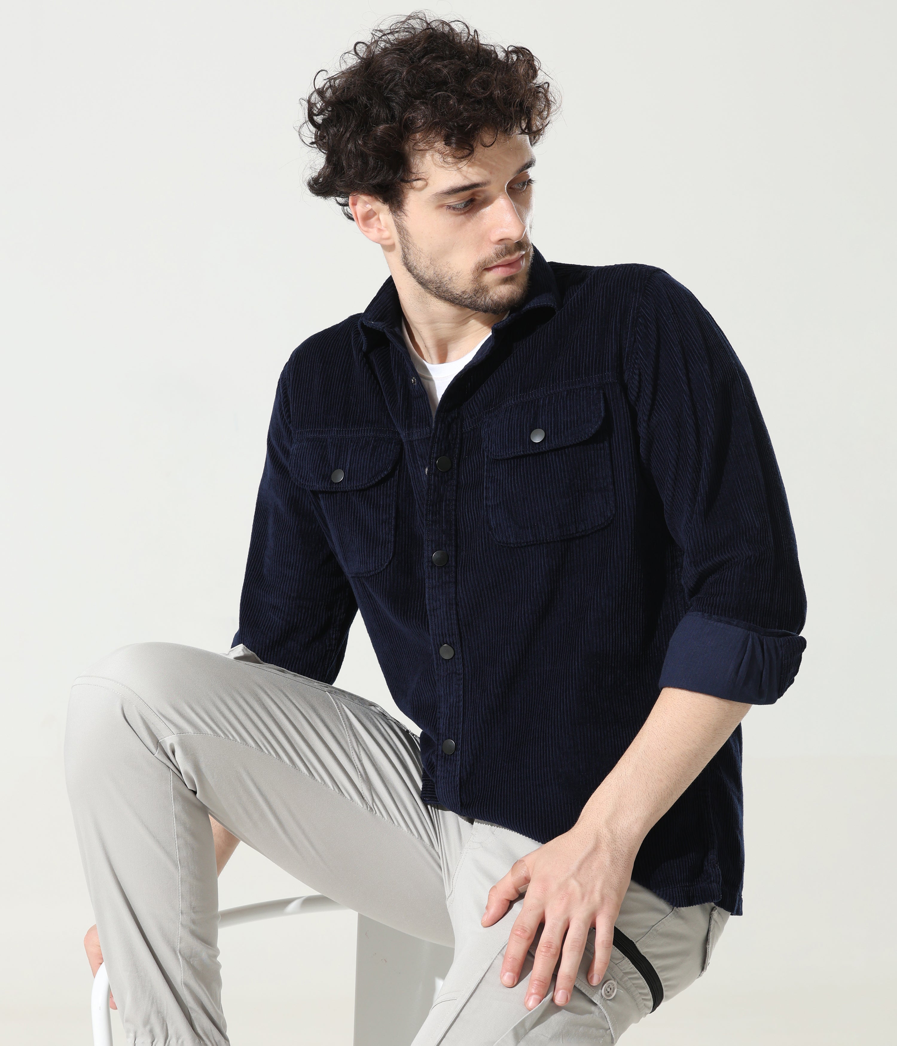 Navy Blue Versatile Dual-Pocket Shirt