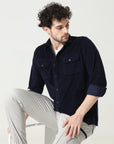 Corduroy Navy Blue Versatile Dual-Pocket Shirt