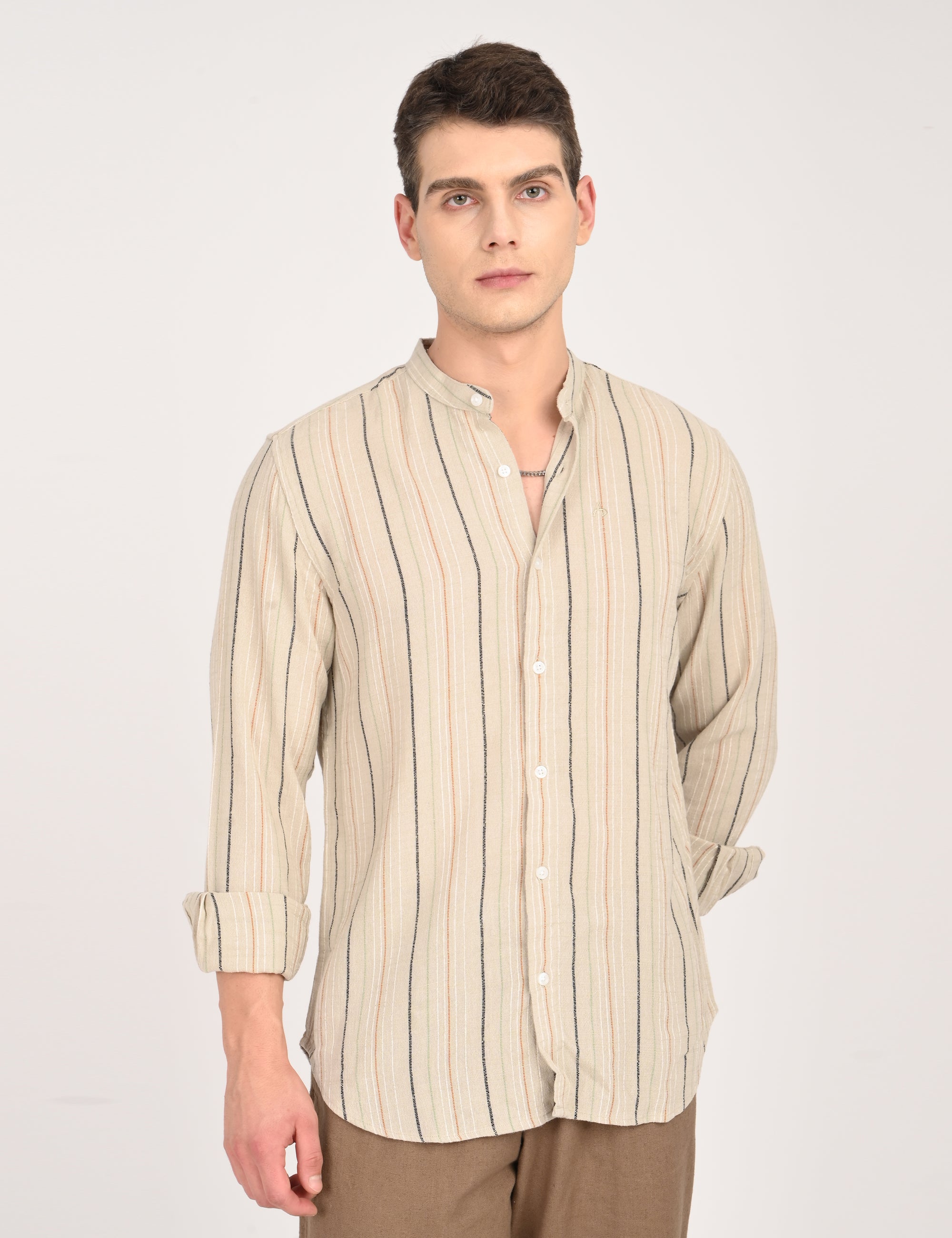 Tapered Fit Full Sleeve Striped Ecru Shirt